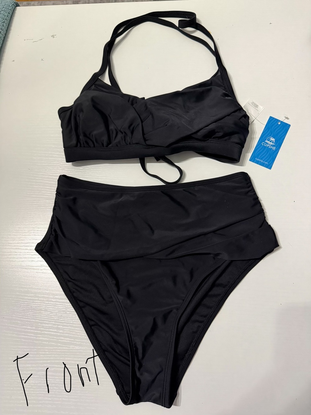 Cupshe Black Twist-Front Bikini Set with High-Waist Bottoms